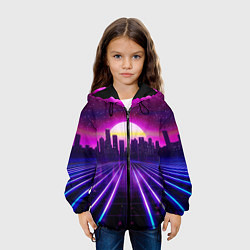 Куртка с капюшоном детская Город на закате и неоновые полосы, цвет: 3D-черный — фото 2