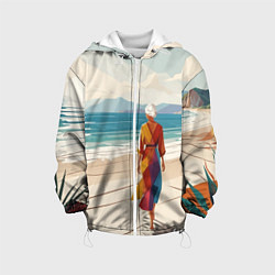 Куртка с капюшоном детская Летний пейзаж с женщиной на пляже, цвет: 3D-белый