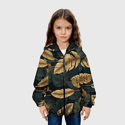 Куртка с капюшоном детская Золотые листья монстеры и перья, цвет: 3D-черный — фото 2