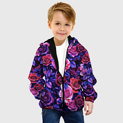 Куртка с капюшоном детская Разноцветные цветы - синие розы паттерн, цвет: 3D-черный — фото 2