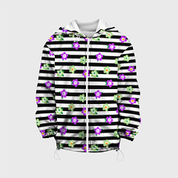 Куртка с капюшоном детская Фиолетовые зеленый цветы на черно белом полосатом, цвет: 3D-белый