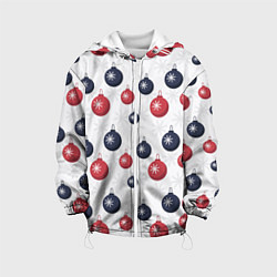 Куртка с капюшоном детская Синие и красные новогодние шары со снежинками, цвет: 3D-белый