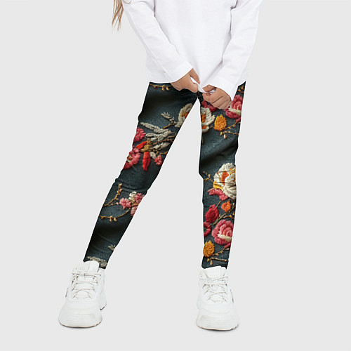 Детские легинсы Эффект вышивки разные цветы / 3D-принт – фото 3