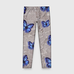 Леггинсы для девочки Газетные обрывки и синие бабочки, цвет: 3D-принт