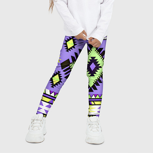Детские легинсы Геометрический сиренево желтый орнамент ацтеков / 3D-принт – фото 3