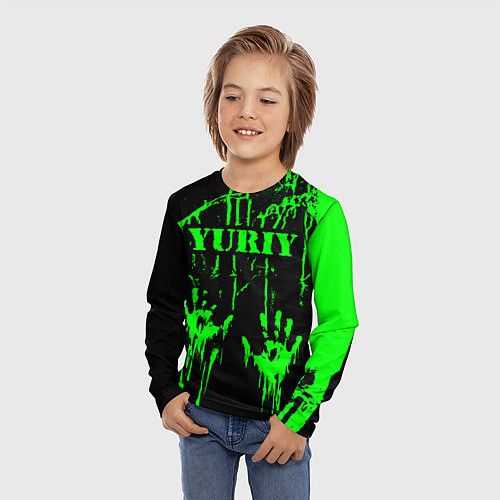 Детский лонгслив Юрий следы рук в зеленой краске / 3D-принт – фото 3