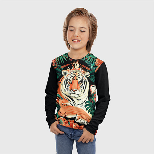 Детский лонгслив Огненный Тигр в Цветах / 3D-принт – фото 3