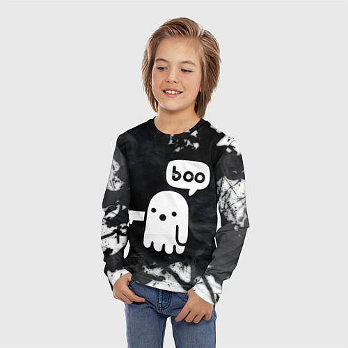 Детский лонгслив ХЕЛЛУОИН ПРИВЕДЕНИЕ БУ! HALLOWEEN GHOST BOO! / 3D-принт – фото 3