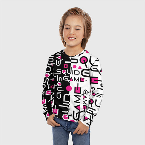 Детский лонгслив ИГРА В КАЛЬМАРА ЧЁРНО БЕЛЫЙ ПАТТЕРН ЛОГО / 3D-принт – фото 3