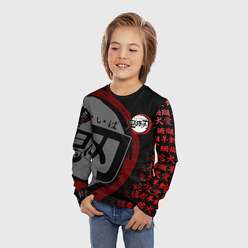Детский лонгслив КЛИНОК РАССЕКАЮЩИЙ ДЕМОНОВ ИЕРОГЛИФЫ ЛОГО / 3D-принт – фото 3