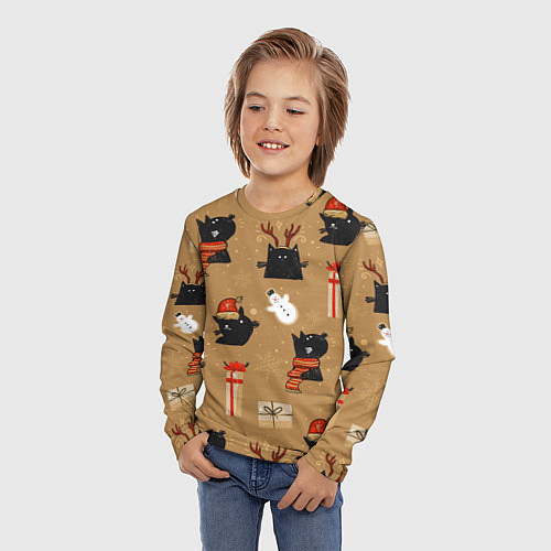 Детский лонгслив Черные новогодние коты / 3D-принт – фото 3