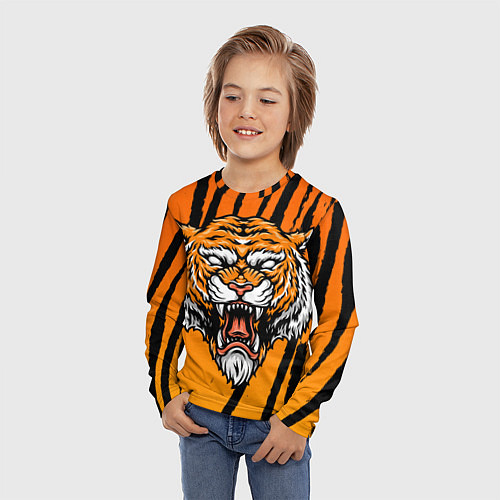 Детский лонгслив Разгневанный тигр голова / 3D-принт – фото 3