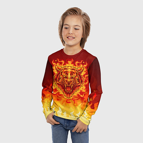 Детский лонгслив Огненный тигр в пламени / 3D-принт – фото 3