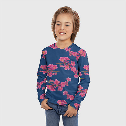 Детский лонгслив Веточки айвы с розовыми цветами на синем фоне / 3D-принт – фото 3