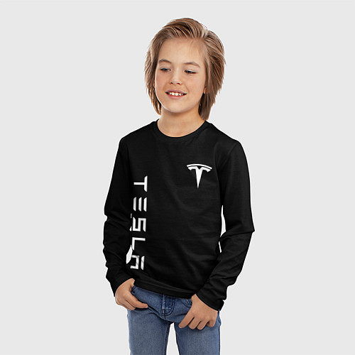 Детский лонгслив Tesla Тесла логотип и надпись / 3D-принт – фото 3