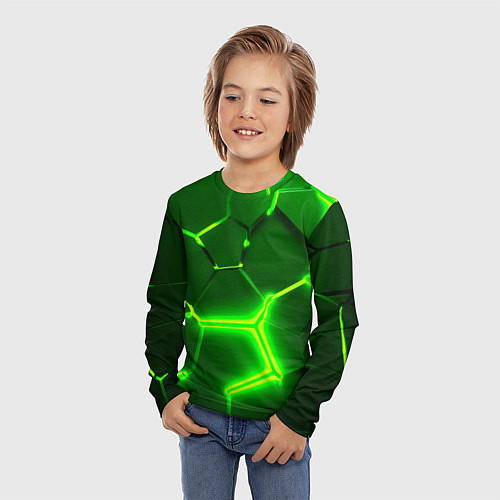 Детский лонгслив 3D ПЛИТЫ НЕОН NEON GREEN HEXAGON РАЗЛОМ / 3D-принт – фото 3