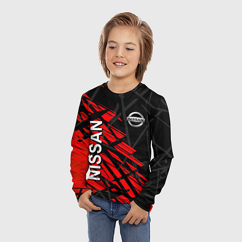 Детский лонгслив Nissan Ниссан Красно черный / 3D-принт – фото 3