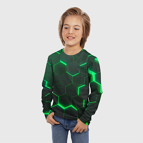 Детский лонгслив Неоновые соты - Green / 3D-принт – фото 3