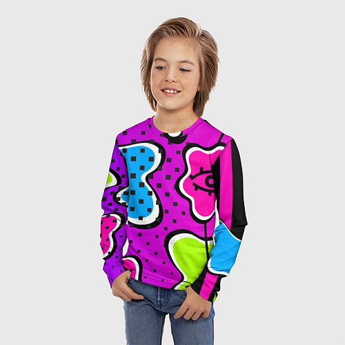 Детский лонгслив Яркий абстрактный узор в стиле 90х, неоновые цвета / 3D-принт – фото 3
