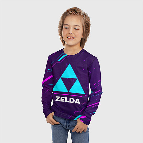 Детский лонгслив Символ Zelda в неоновых цветах на темном фоне / 3D-принт – фото 3