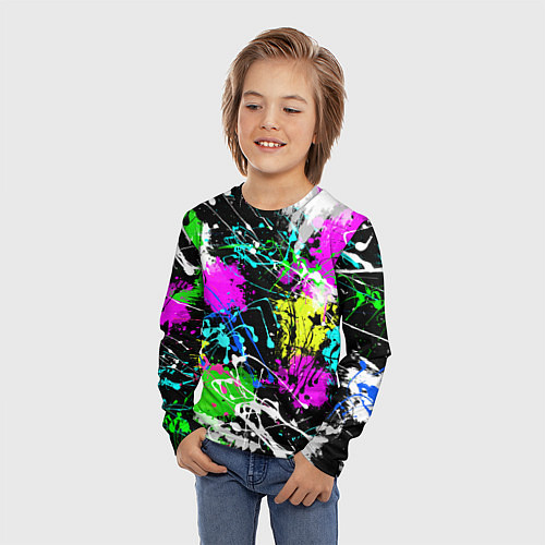 Детский лонгслив Разноцветные пятна краски на черном фоне / 3D-принт – фото 3