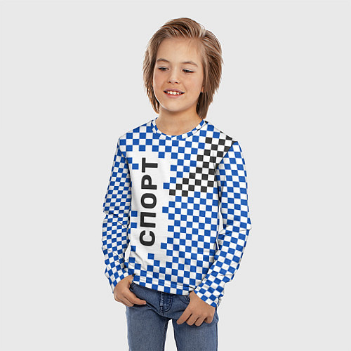 Детский лонгслив Спорт - бело-сине-чёрный клетчатый вариант / 3D-принт – фото 3