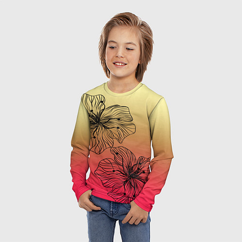 Детский лонгслив Черные абстрактные цветы на красно-желтом градиент / 3D-принт – фото 3