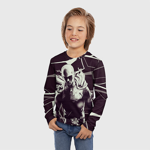 Детский лонгслив Ванпанчмен - на черно-белом фоне / 3D-принт – фото 3