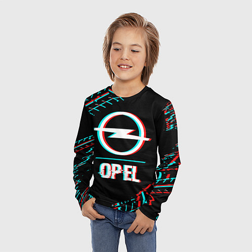 Детский лонгслив Значок Opel в стиле Glitch на темном фоне / 3D-принт – фото 3