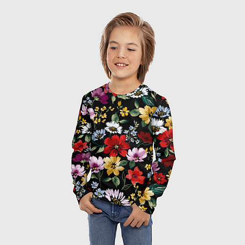 Детский лонгслив Цветы на черном фоне паттерн / 3D-принт – фото 3