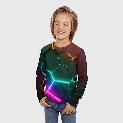Детский лонгслив Радужный градиент неоновые геометрические плиты / 3D-принт – фото 3