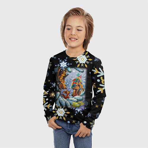Детский лонгслив Новый год белка с бельчатами / 3D-принт – фото 3
