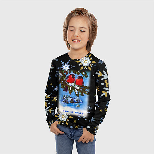 Детский лонгслив Новый Год Два Снегиря Сидят На Ветке / 3D-принт – фото 3