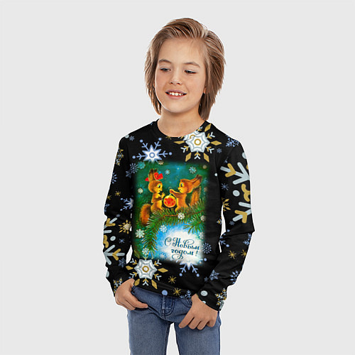 Детский лонгслив Новый год две белки и новогодний шар / 3D-принт – фото 3