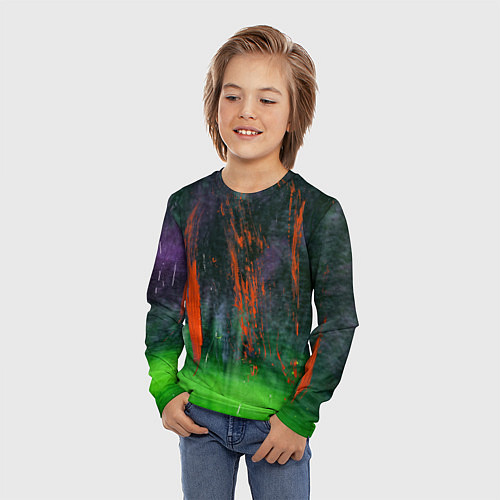 Детский лонгслив Абстрактный зелёный туман и красная краска / 3D-принт – фото 3