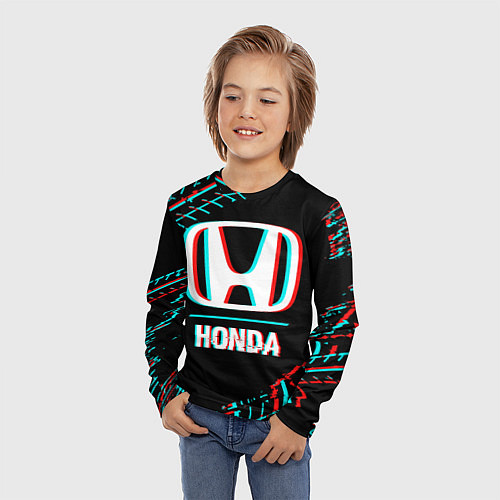 Детский лонгслив Значок Honda в стиле glitch на темном фоне / 3D-принт – фото 3