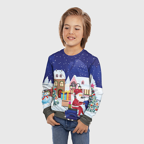 Детский лонгслив Дед Мороз едет на скутере с подарками в Новогоднюю / 3D-принт – фото 3