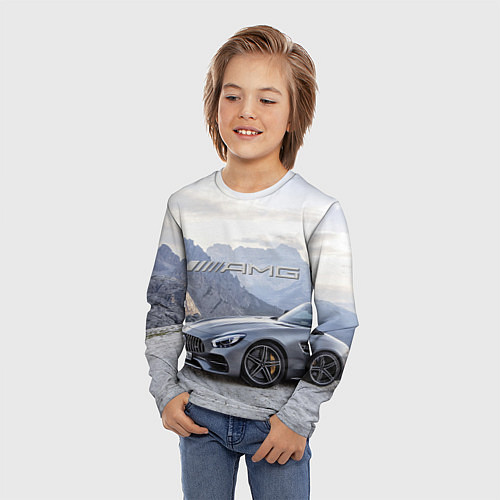 Детский лонгслив Mercedes AMG V8 Biturbo cabriolet - mountains / 3D-принт – фото 3