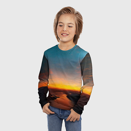 Детский лонгслив Горная река на фоне заката / 3D-принт – фото 3