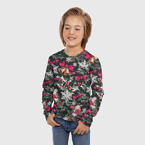 Детский лонгслив Новый год колокольчики, птицы, снежинки / 3D-принт – фото 3