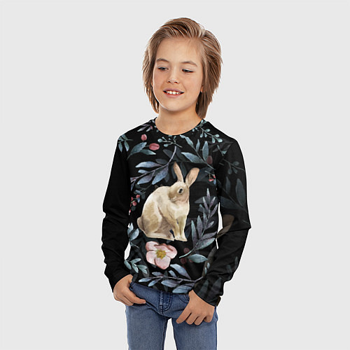 Детский лонгслив Новогодний кролик - Веточки и цветочки / 3D-принт – фото 3