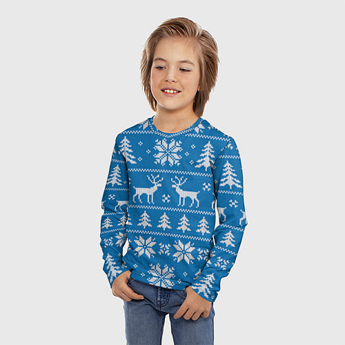 Детский лонгслив Рождественский синий свитер с оленями / 3D-принт – фото 3