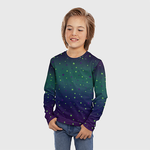 Детский лонгслив Неоновые зеленые и сиреневые звезды на темно зелен / 3D-принт – фото 3