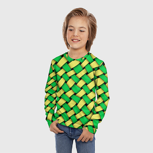 Детский лонгслив Жёлто-зелёная плетёнка - оптическая иллюзия / 3D-принт – фото 3