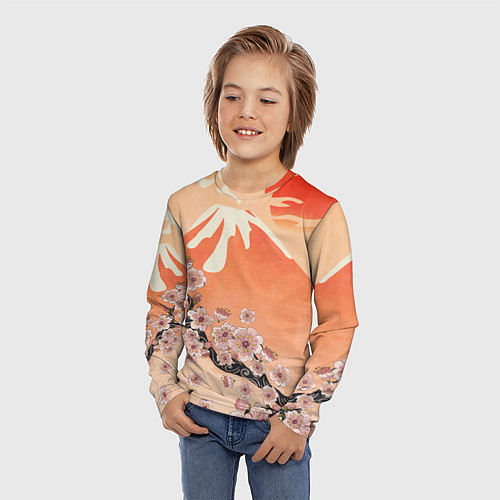 Детский лонгслив Ветка цветущей сакуры и вулкан / 3D-принт – фото 3
