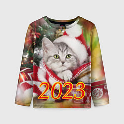 Лонгслив детский Котенок в новогодней шапочке, цвет: 3D-принт