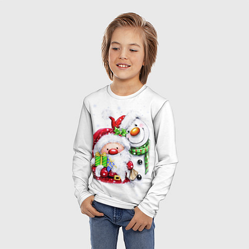 Детский лонгслив Дед Мороз и снеговик с подарками / 3D-принт – фото 3