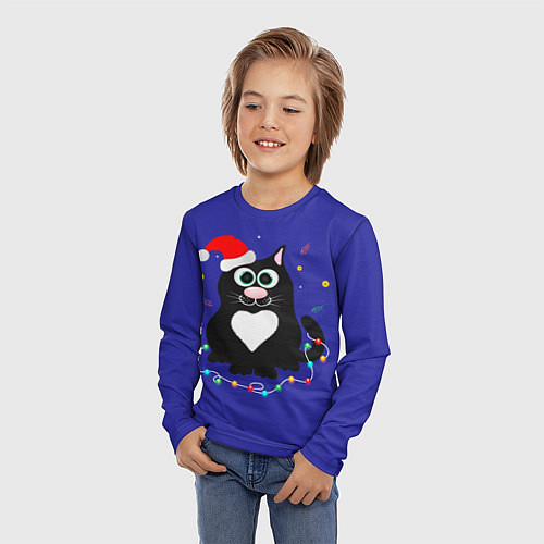Детский лонгслив Черный пушистый кот в шапке Санта Клауса / 3D-принт – фото 3