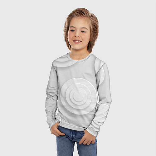Детский лонгслив Серый фон и абстрактные белые объёмные окружности / 3D-принт – фото 3