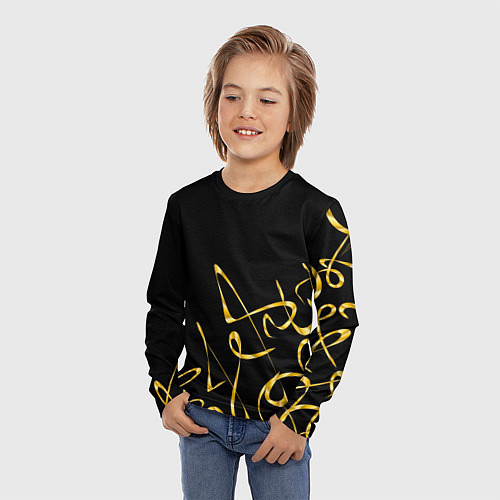 Детский лонгслив Золотая каллиграфия на черном фоне / 3D-принт – фото 3